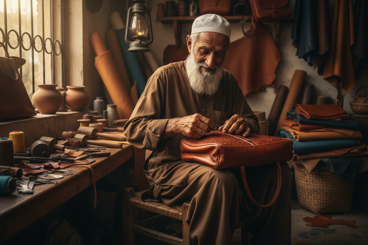 A Pakistani old man stitching a hand bag 